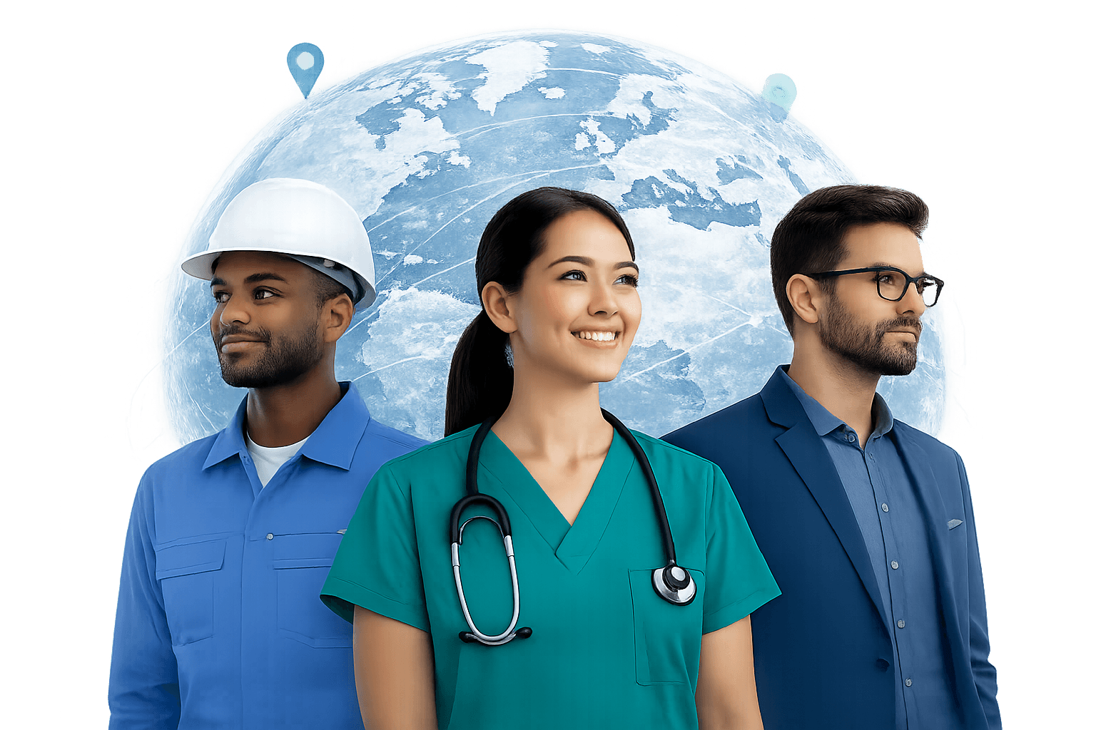 An engineer, healthcare professional, and business professional in front of a connected world map